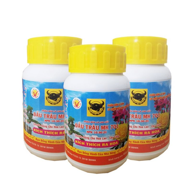 Phân bón Đầu trâu 701 hũ 100g. Kích thích ra hoa, dùng cho hoa lan và cây cảnh