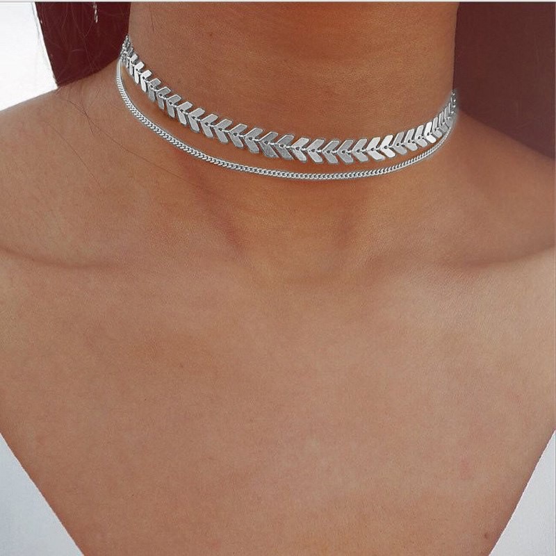 Vòng cổ choker 2 tầng thiết kế xương cá sang trọng cá tính dành cho nữ