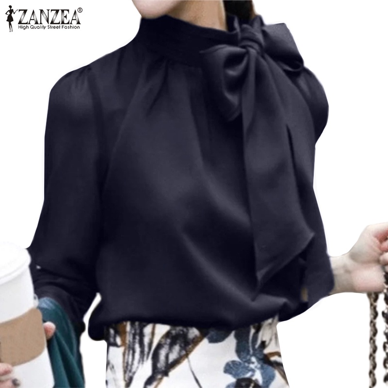 Áo kiểu ZANZEA cổ cao tròn thắt nơ tay dài màu trơn dành cho nữ
