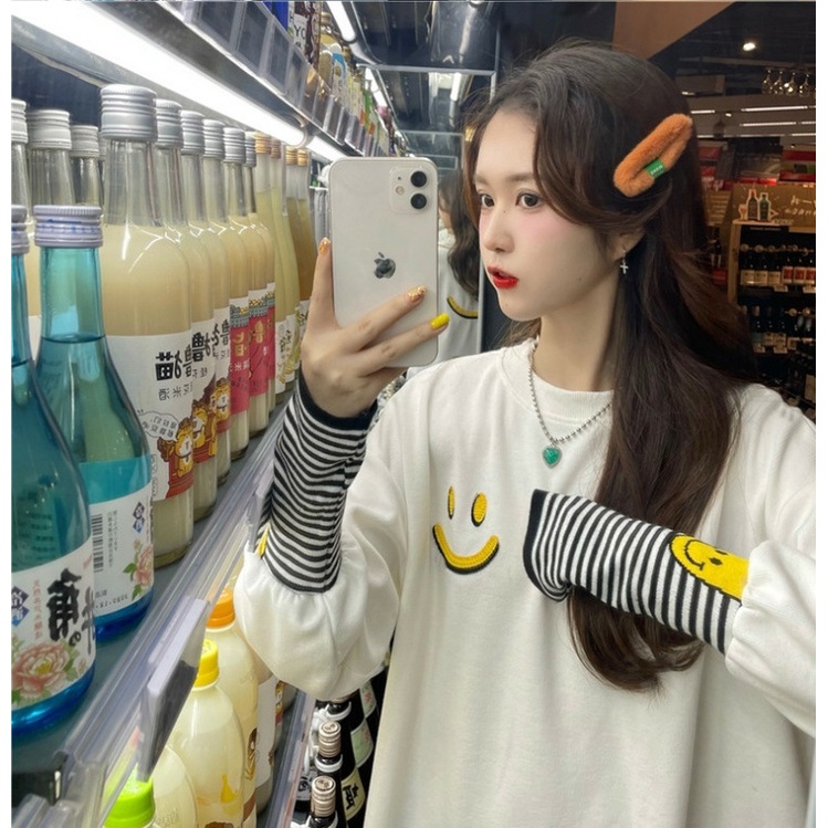 ZHELIHANGFEI Áo Thun Sweater Cổ Tròn Tay Dài In Hình Mặt Cười Dễ Phối Đồ