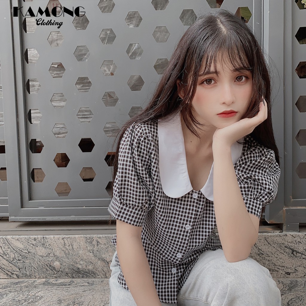 Áo kiểu croptop caro cổ sen KAMONG A046 | BigBuy360 - bigbuy360.vn