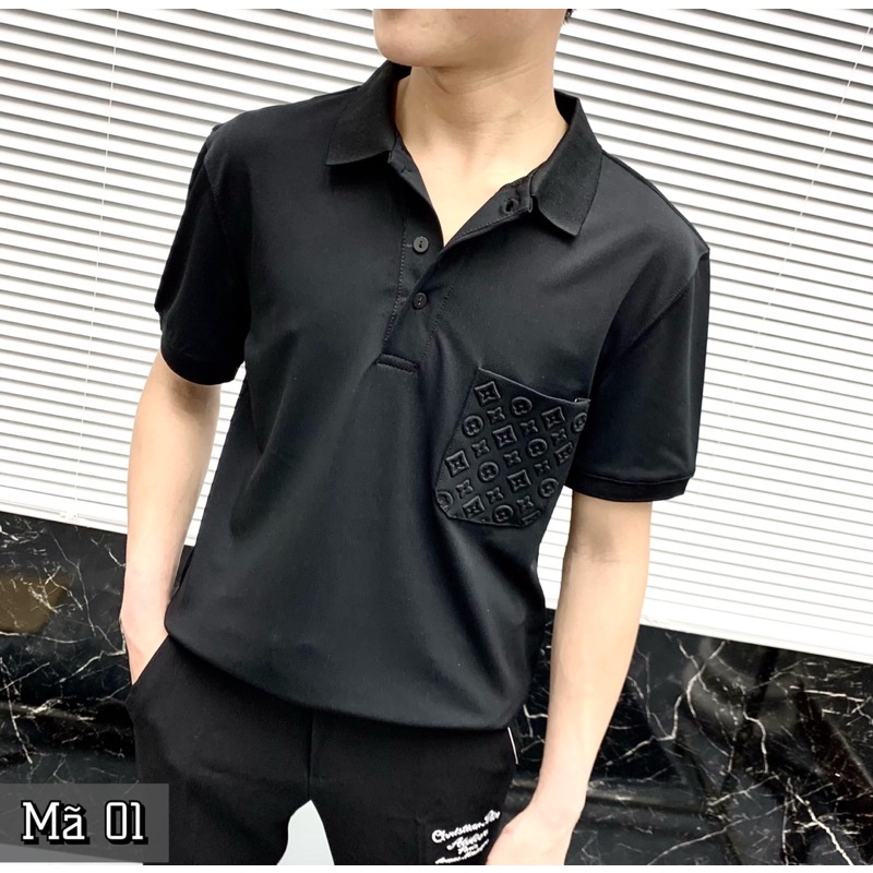 Áo cộc cổ bẻ Lv, Polo nam cotton hoạ tiết túi Lv dập vân nổi chất đẹp