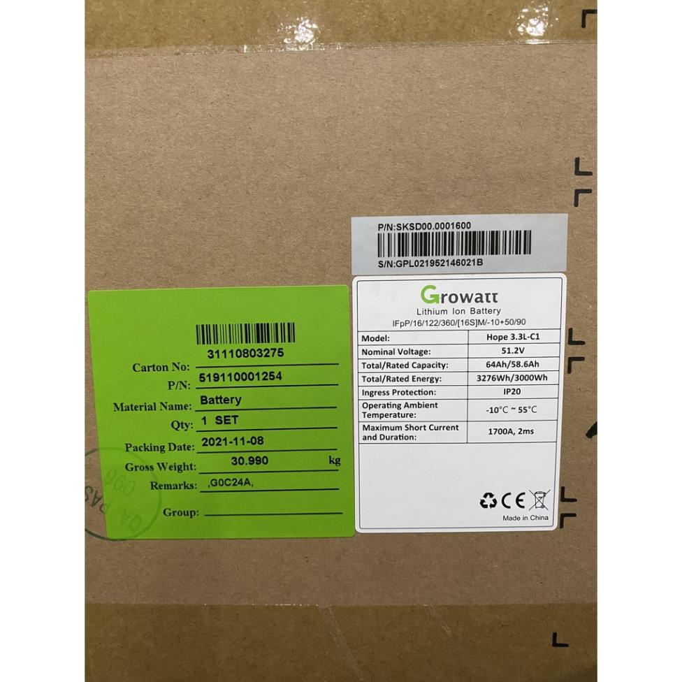 Pin Lithium Growatt 51.2V 65Ah Hope 3.3L-C1 3kwh