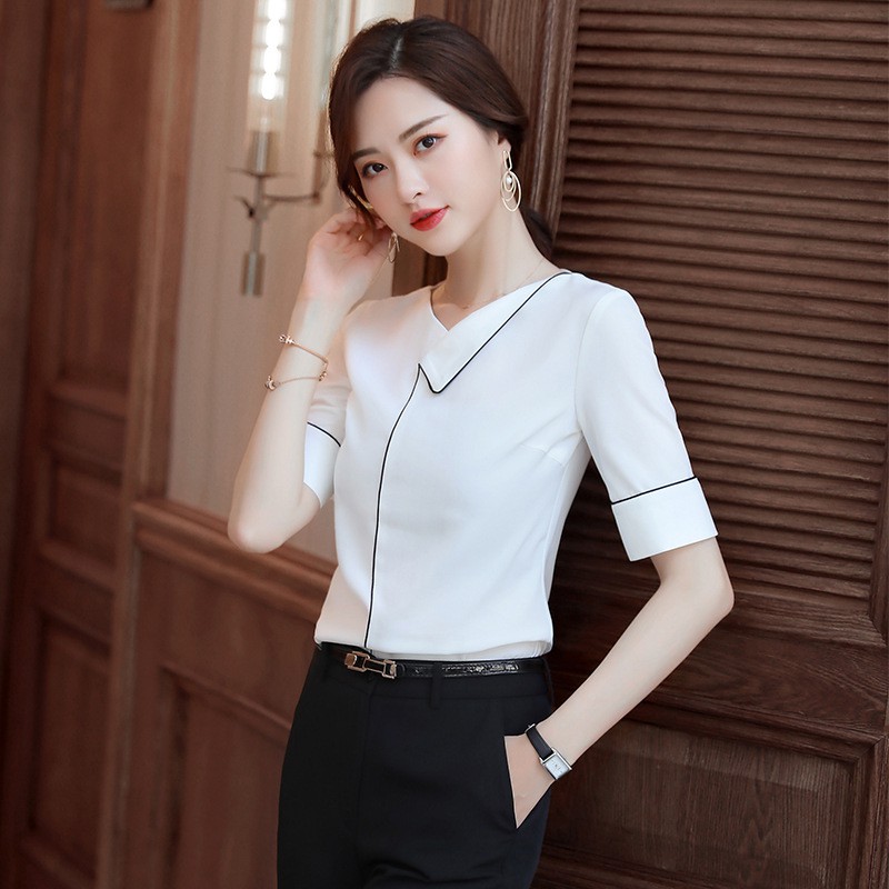 Áo Sơ Mi Nữ Ngắn Tay Màu Trắng  Kiểu Cổ Đáp Viền Đen SM176 - Hàng VNXK - Candy Fashion