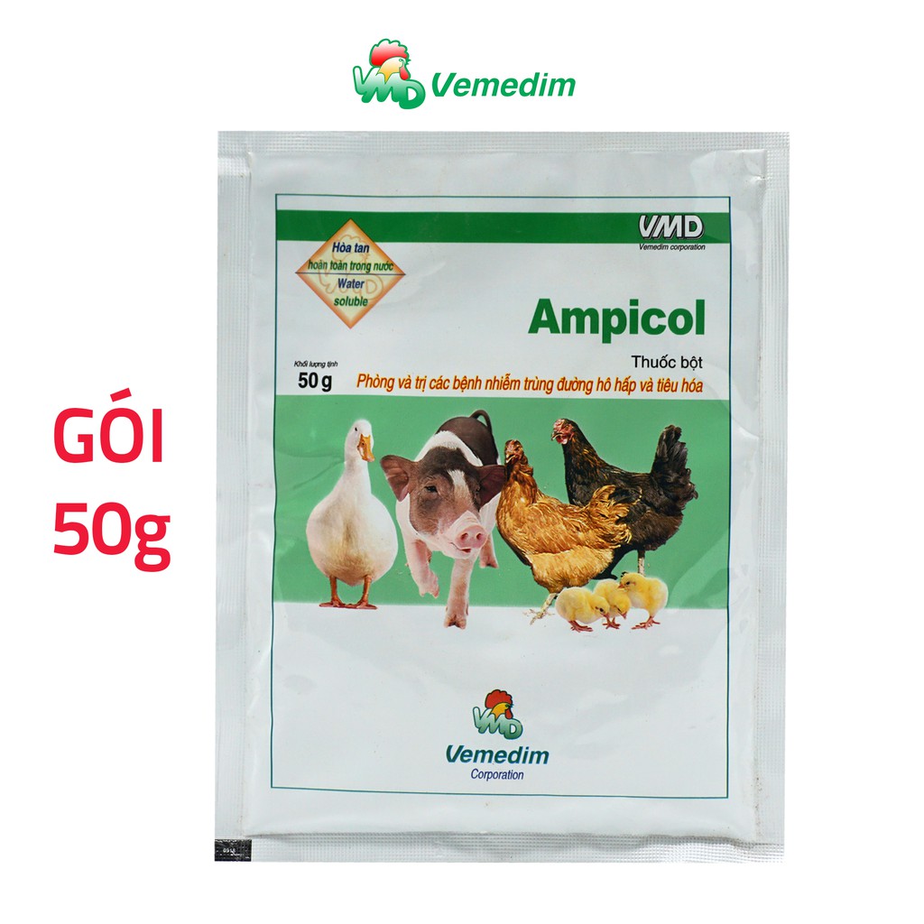 Vemedim Ampicol Dùng cho nhiễm trùng đường hô hấp và tiêu hóa ở gia súc, gia cầm (gói 50g)