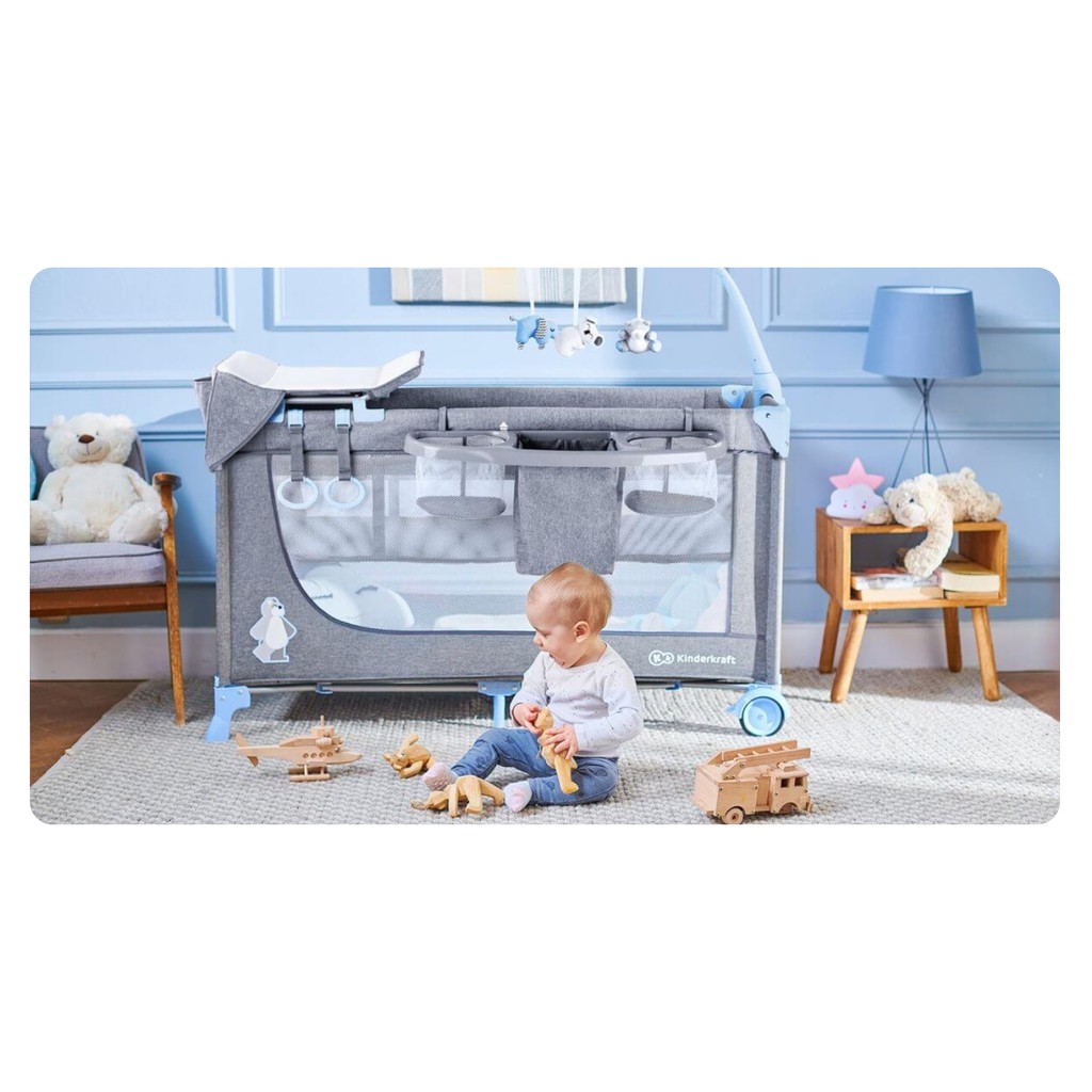 [ TP.HCM FREESHIP & LẮP RÁP ] Nôi ngủ du lịch cho bé kèm các phụ kiện cần thiết JOY KINDERKRAFT màu xám phối xanh