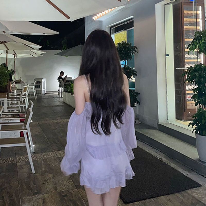 Đầm tím trễ vai xếp li ulzzang order