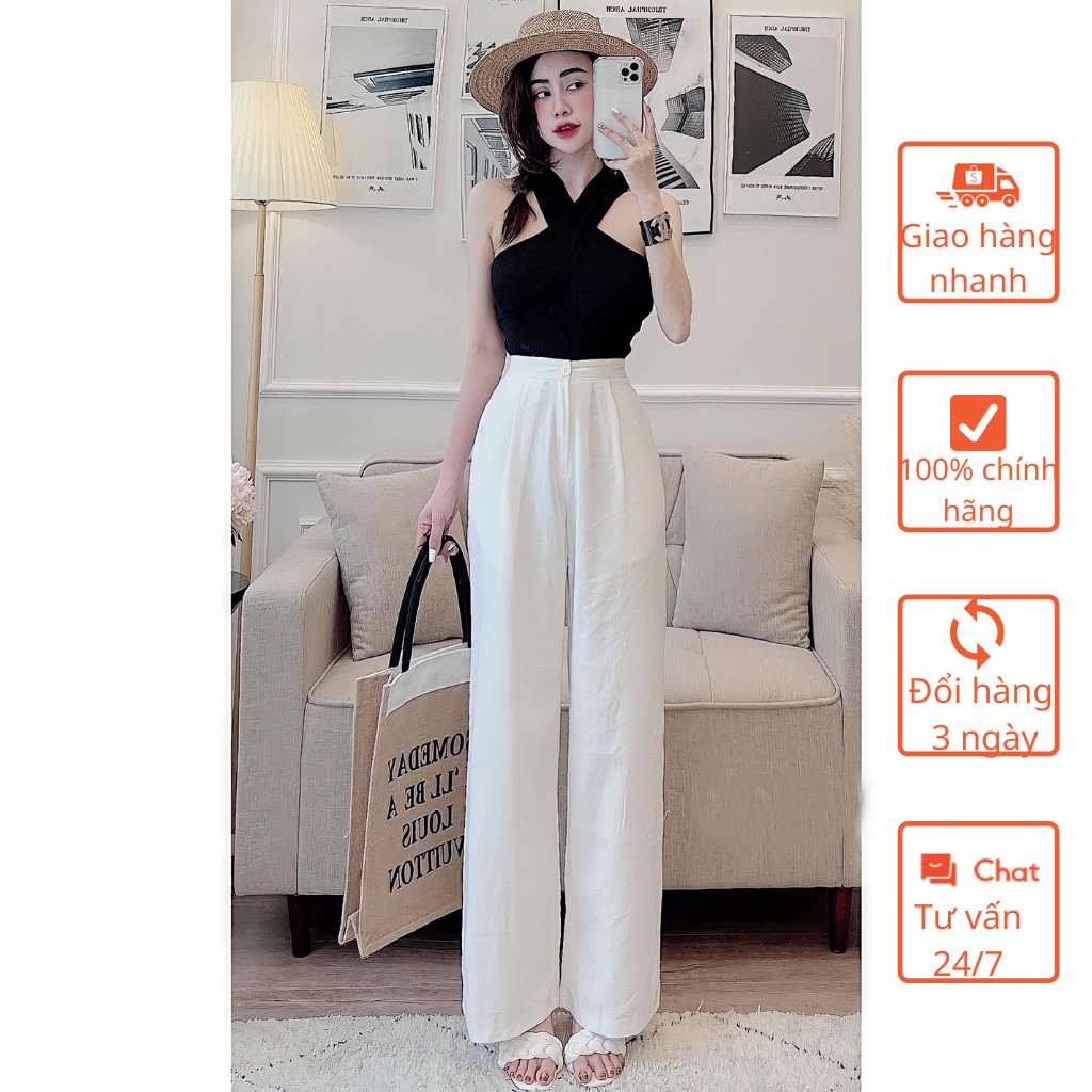 Quần Culottes Ống Rộng Chất Liệu Đũi Dài 100cm Lưng Cao Khóa Thật Cạp Chun Sau QA11, Quần  Đũi Ống Suông Lưng Thun