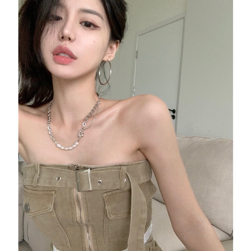 Bộ Áo Ống Và Chân Váy Denim Lưng Cao Thời Trang Mùa Hè Quyến Rũ Cho Nữ