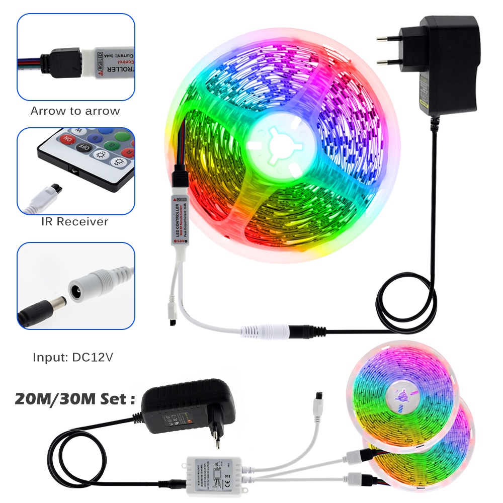 Dây Đèn LED RGB 5m 10m 30m 2835/5050 Đèn Led TikTok Đổi Màu Điều khiển từ xa có bộ điều hợp nguồn DC 12V