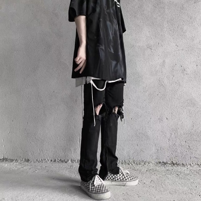 Quần skinny đen rách gối có zipper phong cách FOG, Jerry Lorenzo, Justin Biebier