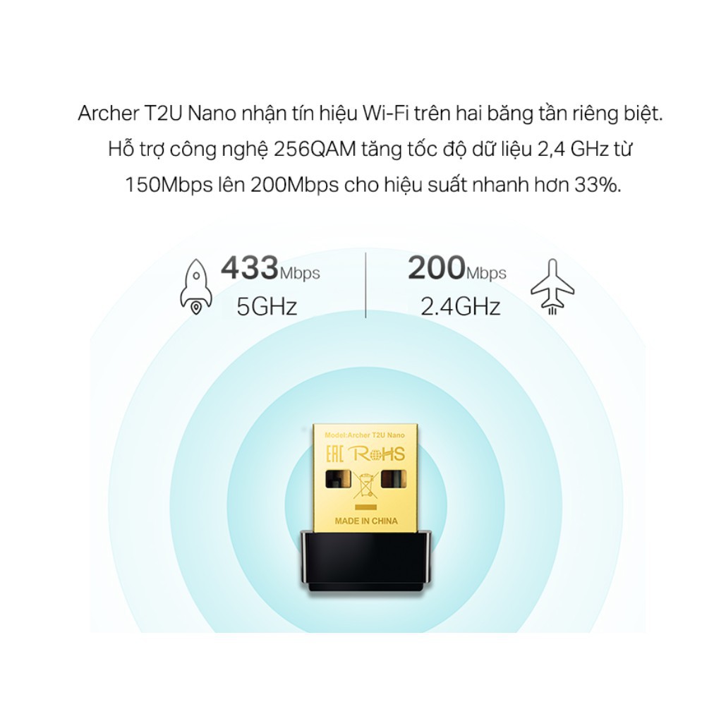 TP-Link AC 600Mbps USB kết nối Wifi Băng tần kép Tăng cường kết nối Wi-Fi - Archer T2U Nano - Hàng Chính Hãng