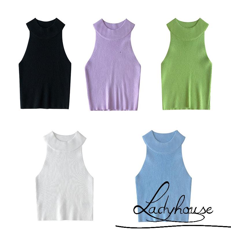 Áo Croptop Không Tay Cổ Tròn Màu Trơn Có Gân Cho Nữ