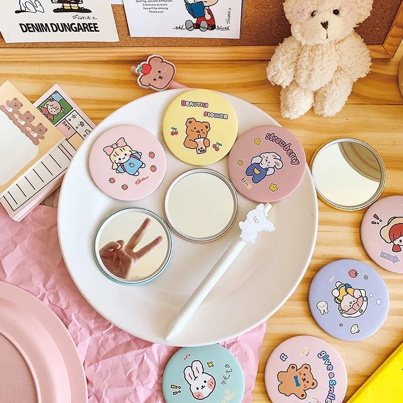 Gương trang điểm mini cầm tay hình tròn bỏ túi một mặt tiện dụng nhiều hoạ tiết cute dễ thương Hàn Quốc