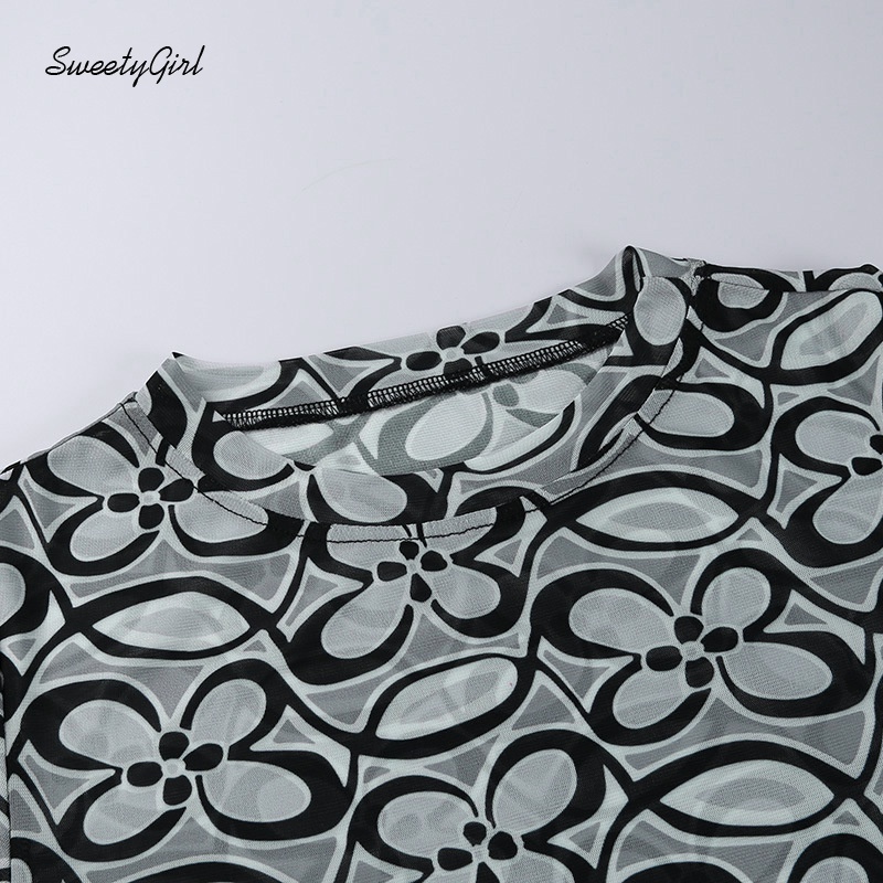 Áo croptop Ngắn Tay Cổ Tròn In Hoa Thời Trang Cho Nữ