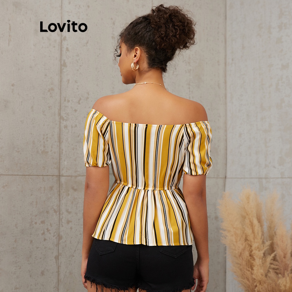 Áo kiểu Lovito nhún thun kẻ sọc thanh lịch L17X320 (Màu vàng)