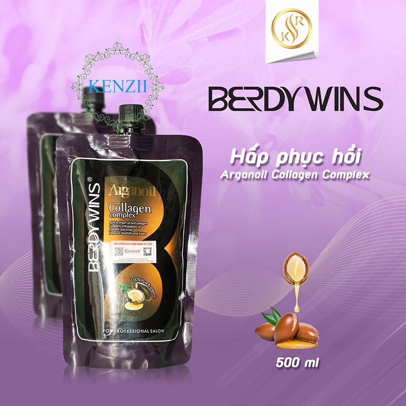 Kem Hấp Ủ Tóc BERDYWINS Argan Oil Collagen Complex Phục Hồi siêu mượt 500ml - KENZII HAIR