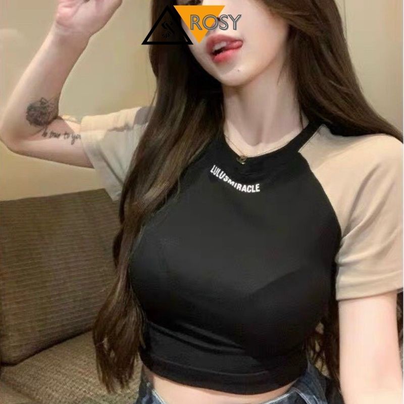 Áo kiểu croptop cổ tròn tay ngắn phối màu chất thun co giãn năng động cá tính
