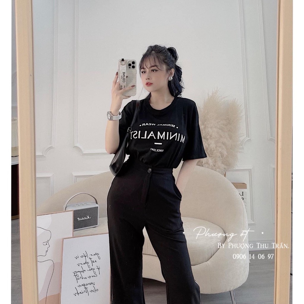 Set áo phông đen quần ống suông pha viền