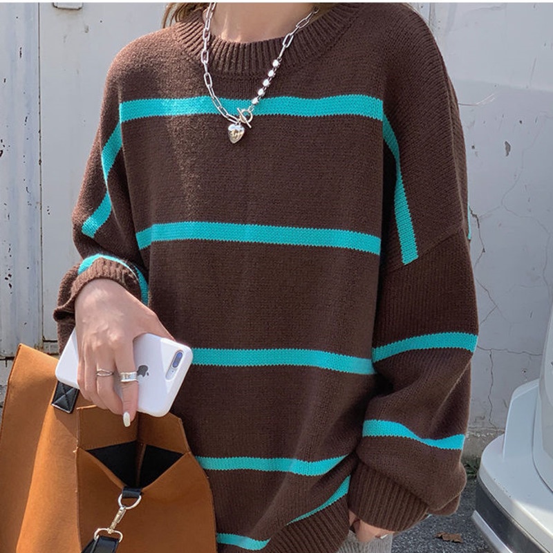 Áo len tay dài dáng rộng kẻ sọc ngang trẻ trung hợp thời trang