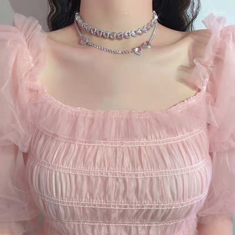 Dây Chuyền Ngắn Mặt Trái Tim Bong Bóng Đào Trắng Đính Đá Zircon Màu Hồng Lấp Lánh Phiên Bản Hot Girl Love