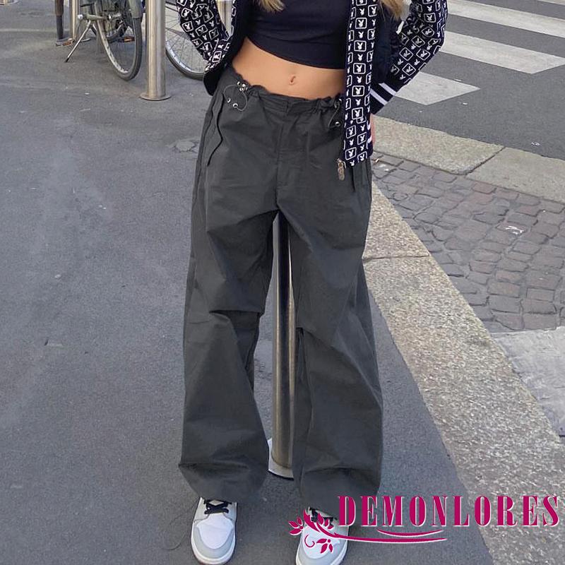 Demonlores Quần Dài Dây Rút Lưng Vừa Màu Trơn Phong Cách Đường Phố Thường Ngày Cho Nữ