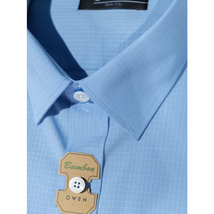 Áo Sơ Mi Nam Dài Tay OWEN AS220840D Somi Công Sở Vải Sợi Tre Cao Cấp Màu Caro Nhỏ Xanh Dáng Slim Fit Tà Lượn Không Túi