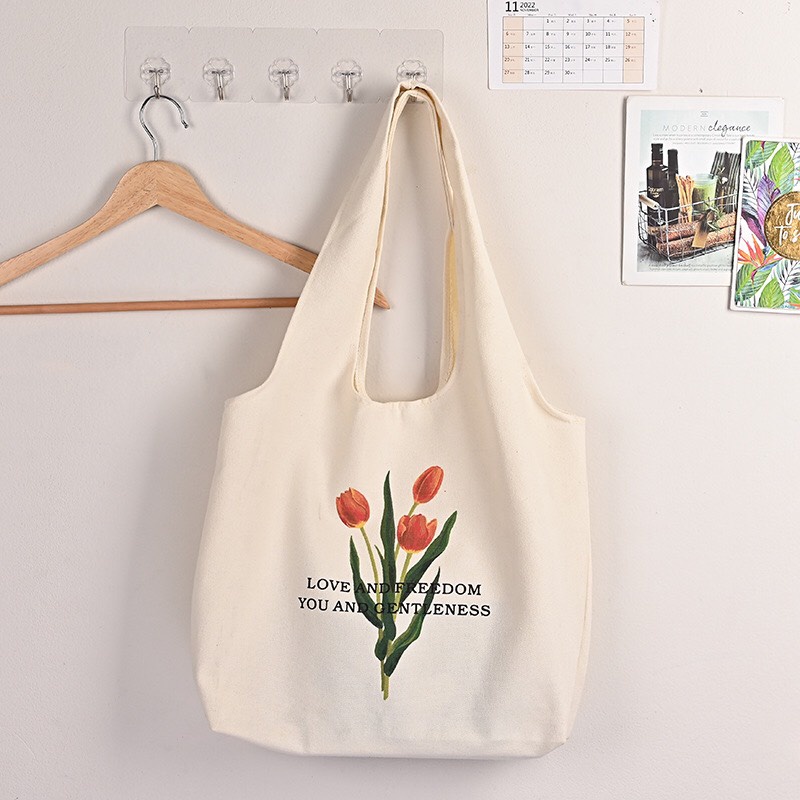 Túi Tote Vải Canvas Quai Tròn Cành Hoa Tulip Thời Trang Ulzzang Hàn Quốc  MTT0078