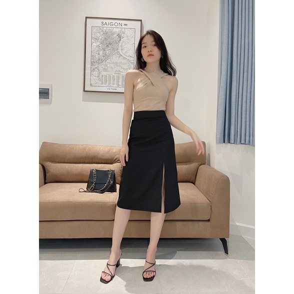 Chân váy nữ chữ A đen dài qua gối xẻ tà LUCETFASHION Split skirt, váy công sổ