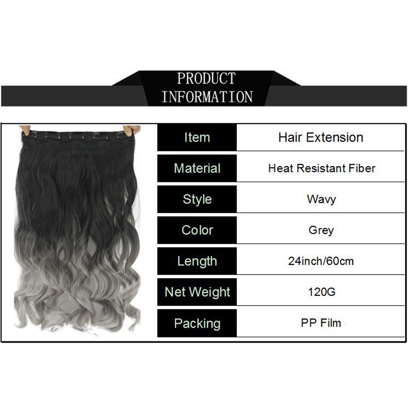 Tóc Giả Nối Dài 24inch Màu Ombre Xám Khói 5 Kẹp Sợi Tổng Hợp Chịu Nhiệt Cao Màu Sắc