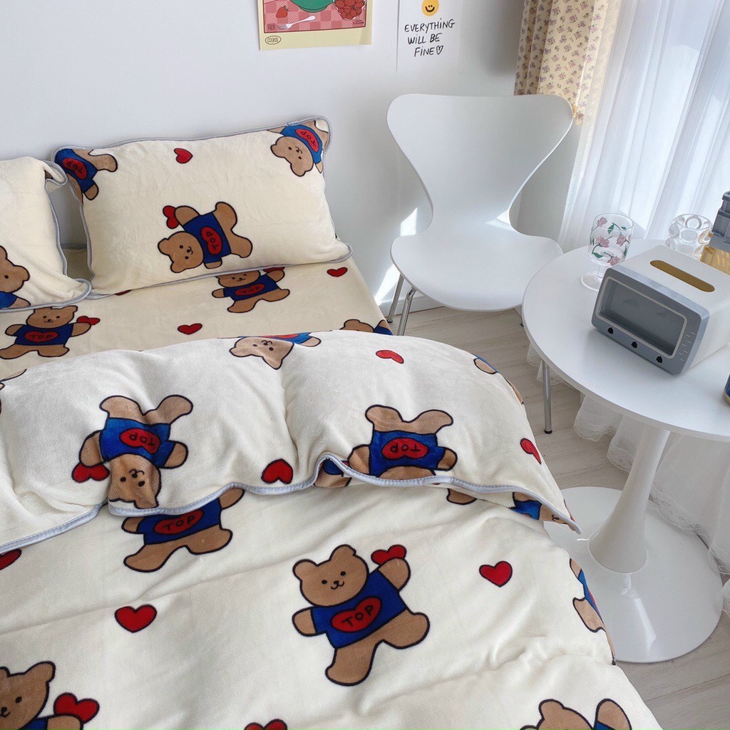 Bộ chăn ga kèm vỏ gối 4 món nỉ nhung cao cấp, Bộ chăn ga gối mùa đông chất nhung tăm mềm mại - Otama Bedding