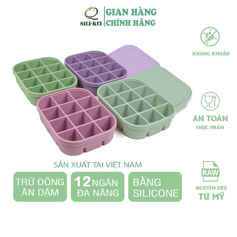 Khay silicone trữ đồ ăn dặm Q SILI-KIT 12 ngăn có nắp hộp đựng thực phẩm