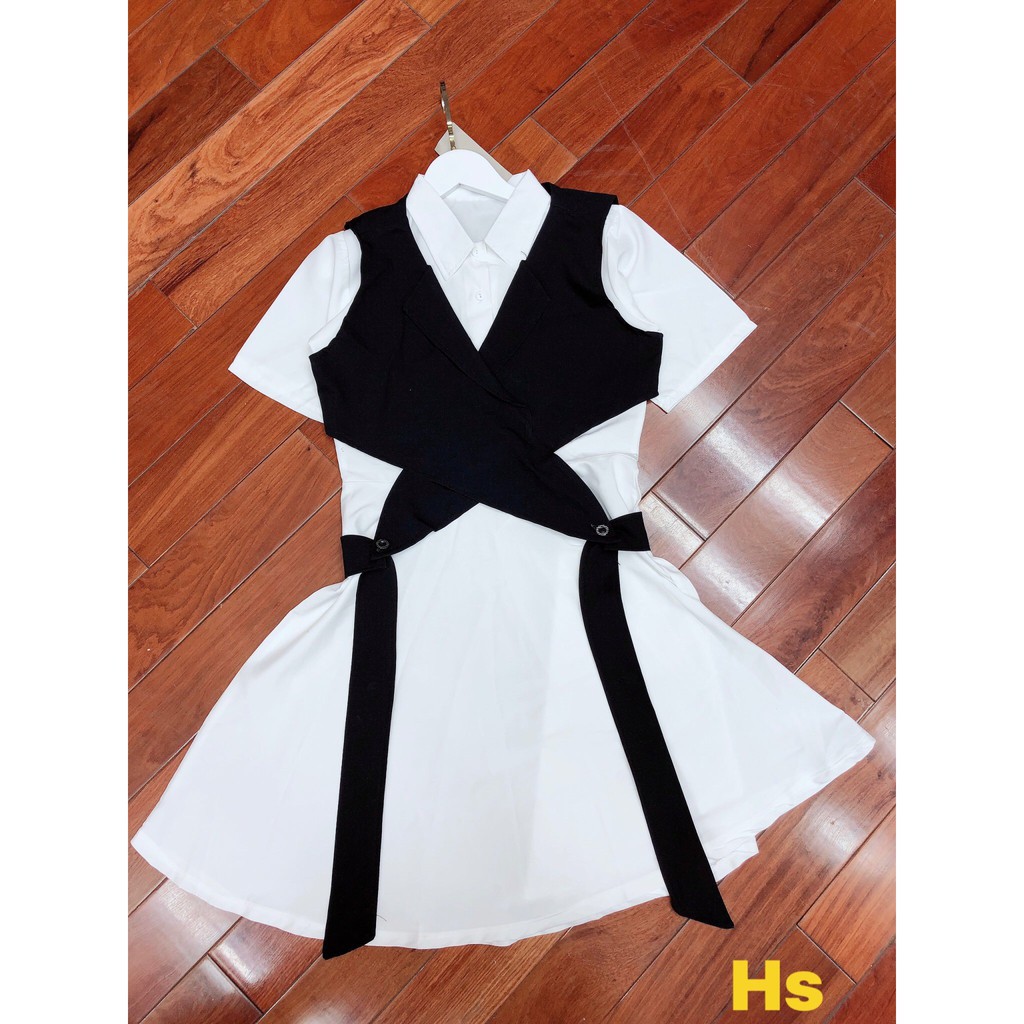 Set váy cổ sơ mi Babydoll áo Gile đai tách rời không nhăn bộ đầm trắng vest đen đan dây chéo - elliestore