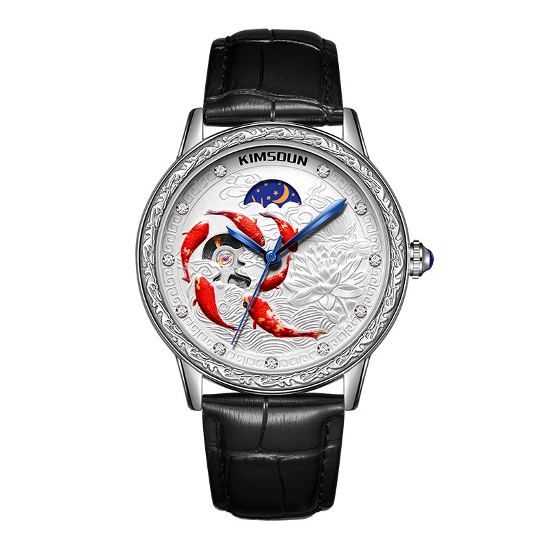 Đồng Hồ Cơ Tự Động Kimsdun 2036 Chống Thấm Nước Họa Tiết Cá Koi 3D Thời Trang Lịch Lãm Cho Nam