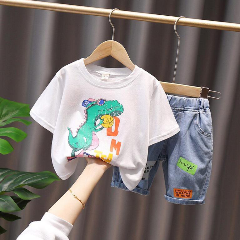 Set bộ áo thun quần jean cho bé trai phong cách Hàn Quốc, Size 9-23kg, áo khủng long, co giãn 4 chiều Hongvybaby ]