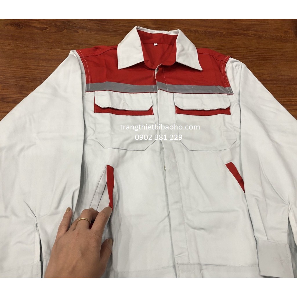 Bộ quần áo bảo hộ vải kaki màu ghi phối đỏ DN12 - hình thật