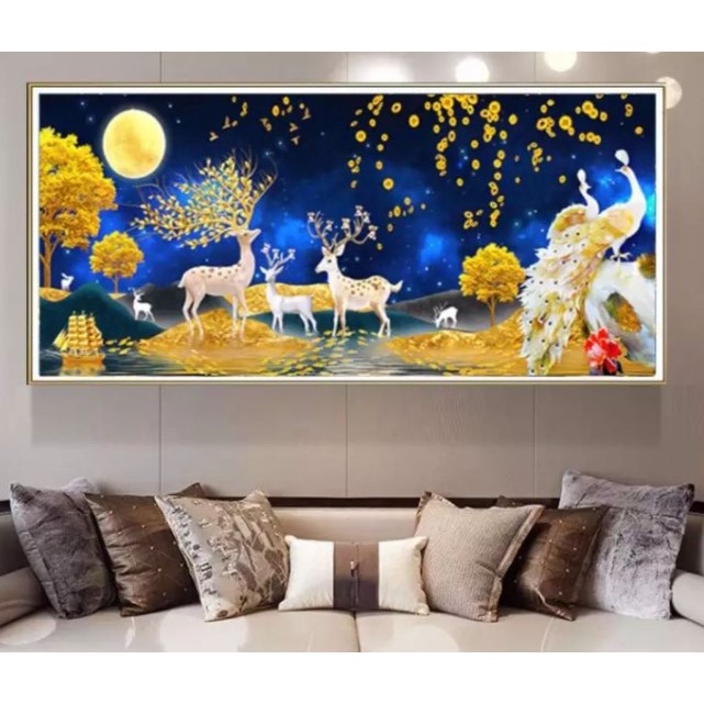 TRANH THÊU CHỮ THẬP HƯƠU NAI TÀI LỘC KM015 (100X55)- MN0244 - (150*70 ) TRANH CHƯA THÊU