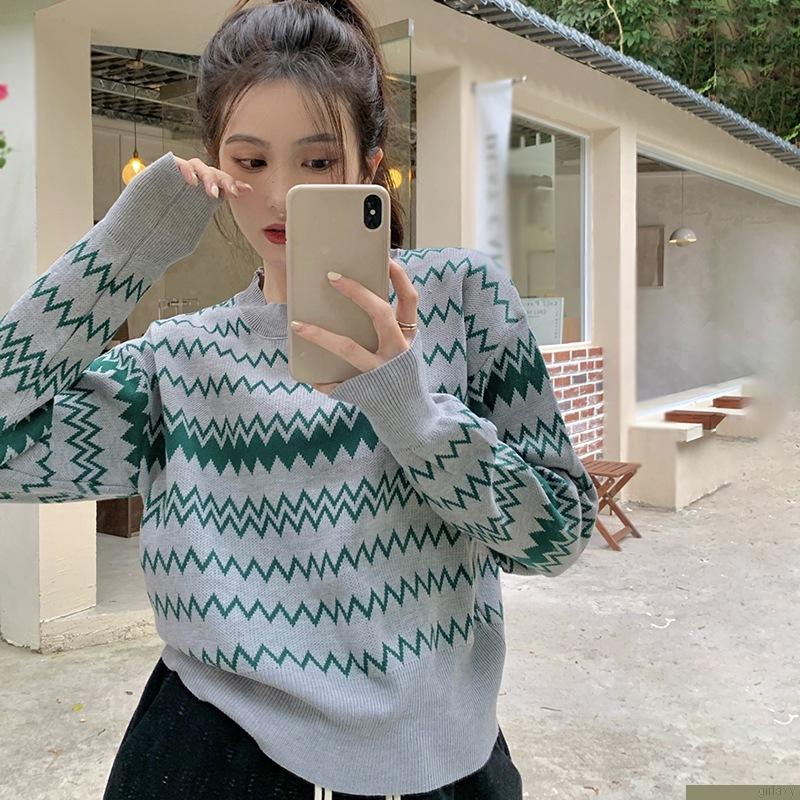 Áo sweater dệt kim cổ tròn tay dài kẻ sọc thoáng khí thoải mái thời trang Hàn Quốc cho nữ