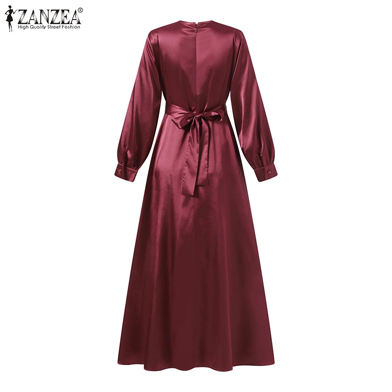 ZANZEA Women Muslim O-Neck Party Solid Satin Lace-Up Elegant Full Sleeve Casual Holiday Swing Maxi Dress