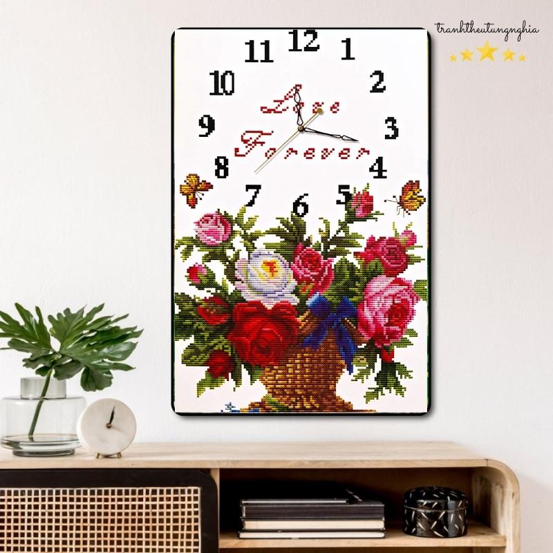 Tranh thêu chữ thập đồng hồ giỏ hoa tuyệt đẹp 35cm x 50cm
