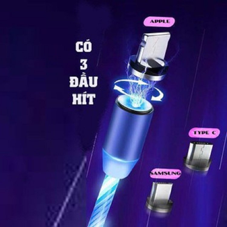 Cáp Sạc Nam Châm , Dây Đèn Led Phát Sáng Siêu Đẹp 3 Đầu Iphone  Android Type - C, 1 Mét 2 , Bảo Hành 3 Tháng