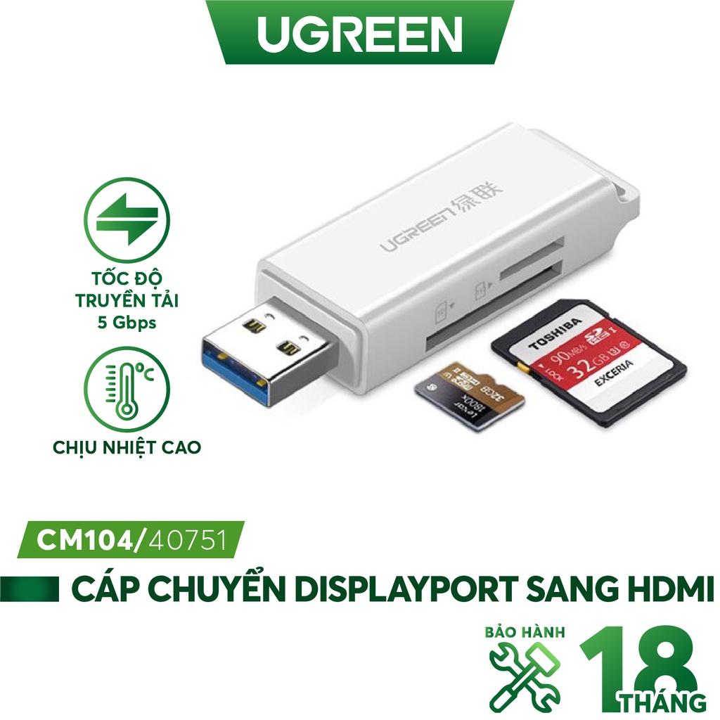 Đầu đọc thẻ nhớ SD/TF jack cắm USB 3.0 UGREEN CM104 - Hàng phân phối chính hãng - Bảo hành 18 tháng