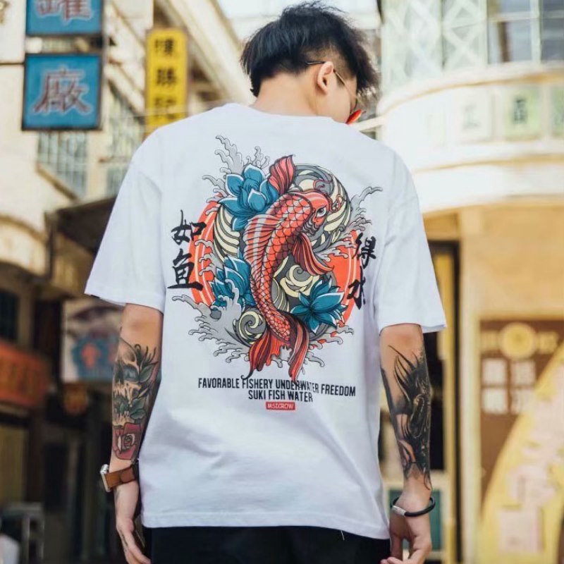 Áo Thun Tay Ngắn Cổ Tròn Dáng Rộng In Hình Cá Chép Phong Cách Hip Hop Thời Trang 2020 Cho Nam
