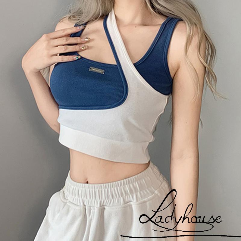 Áo Không Tay Giả Hai Lớp Màu Sắc Tương Phản Thời Trang Đường Phố Cho Nữ