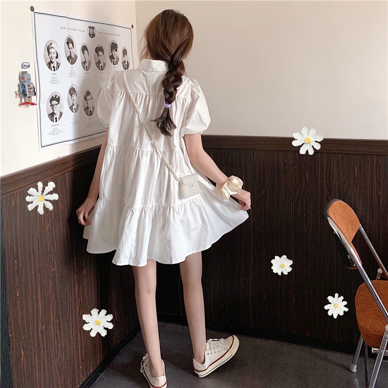 V008 Váy sơ mi babydoll trắng tay bồng có cúc dáng lỡ nữ sinh 2 tầng xòe đi học đi chơi dễ thương trẻ trung cute đẹp