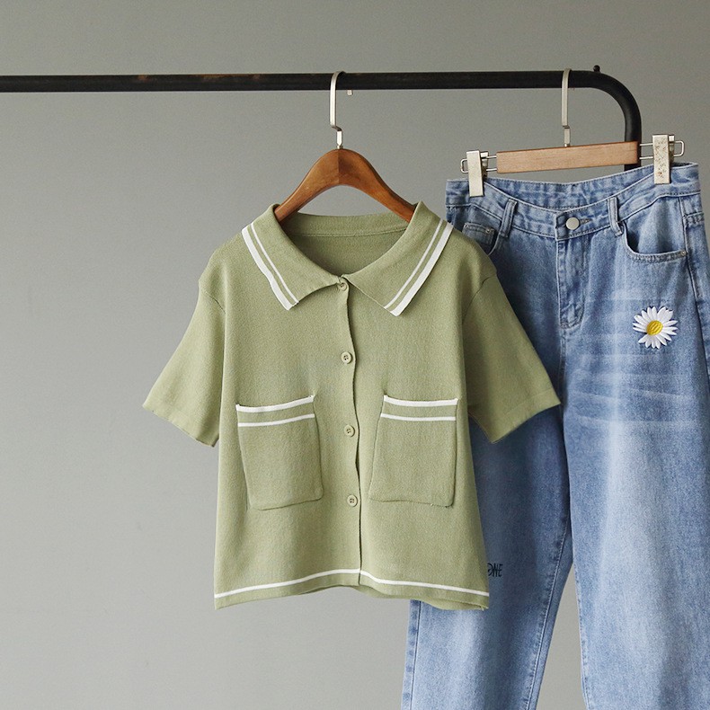 Áo Khoác Cardigan Dệt Kim Cổ Bẻ Phối Màu Tương Phản Thiết Kế Đơn Giản Cho Nữ