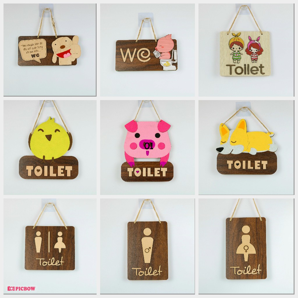 Biển bảng gỗ treo cửa nhà vệ sinh wc, biển bảng gỗ treo cửa phòng tắm decor trang trí có sẵn dây tre