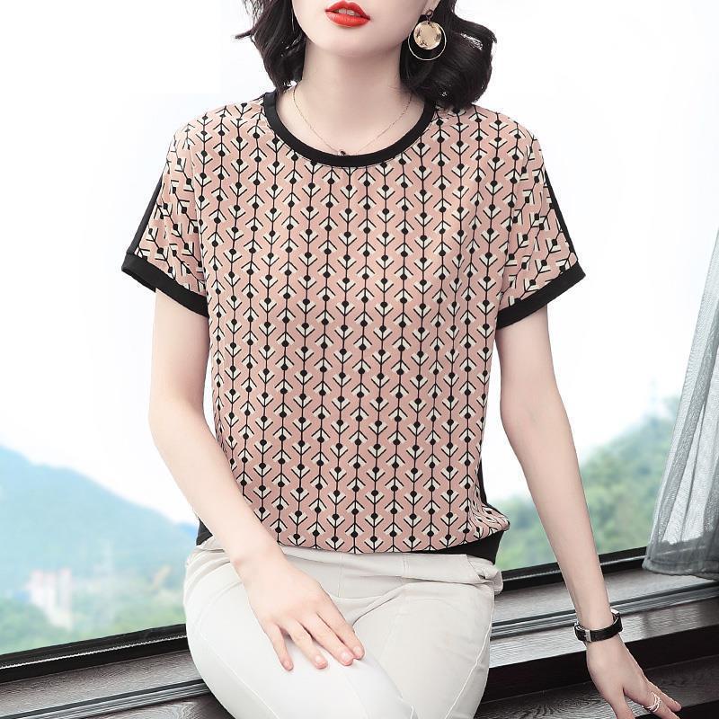 Áo thun tay ngắn dáng rộng họa tiết kẻ sọc thời trang mùa hè cho phụ nữ trung niên