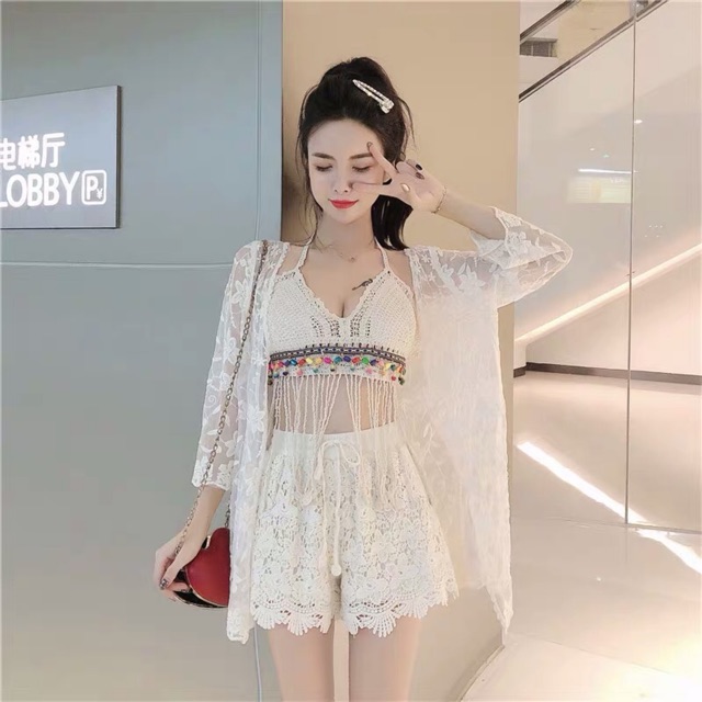Set biển tua rua - set 3 món - áo bra tua rua dài - quần ren - choàng ren hoa nhỏ | BigBuy360 - bigbuy360.vn