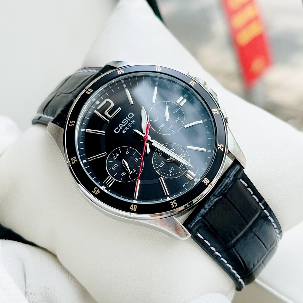 Đồng Hồ Nam Casio MTP-1374L-1A Dây Da Đen Mặt Đen, Kính Khoáng, Size 42mm Chống Nước 50 mét, Bảo Hành Một Năm
